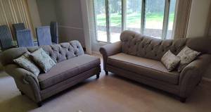 Hughes Furniture Abington Safari Grey Button Tufted Matching Sofa and Settee