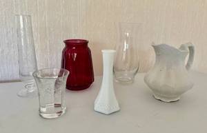 E.O. Brody 6 Hobnail Milk Glass Bud Vase & other Vases