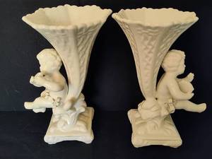 Pair of Vintage Ceramic Cherub Vases