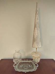 Pearl Accent Tree, Crackle Glass Vase & Vintage Glass Serving Tray