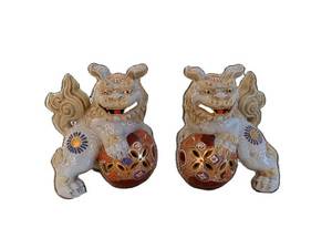 Pair of Foo Dog Ceramic Figurines with Openwork Lattice Bodies