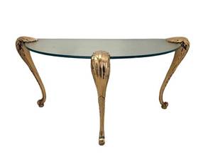 Gilded Glass-Top Console Table with Ornate Leaf Motif and Curved Legs