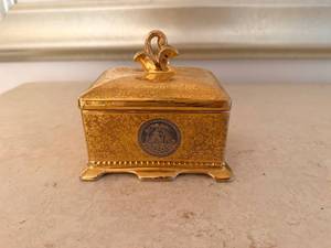 Ornate Floral Engraved Trinket Box with Lidded Top and Scroll Handle
