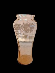 13.5-Inch Amber Glass Vase with Floral Etching