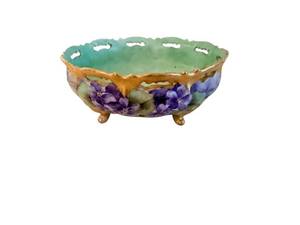 Footed Floral Majolica Bowl - Green Interior and Purple Flowers - MR Mark