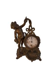Antique Cast Metal Mantel Clock with Dog Statue and Floral Scrollwork