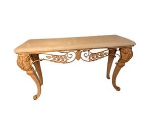 61 x 20 x 35 Faux Stone-Top Table with Ornate Carved Leaf Motif