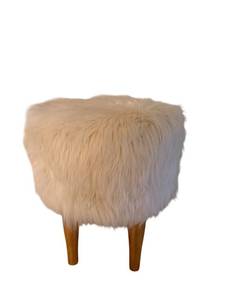 Mid-Century Modern Faux Fur Ottoman with Tapered Wood Legs