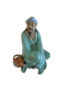 Ceramic Seated Scholar Figurine - Turquoise Glaze
