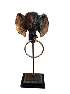 21-Inch Elephant Head Sculpture on Metal Rod Stand with Ring and Wood Base