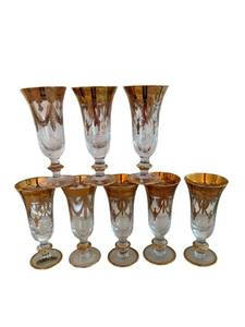 Amber Glass Goblets with Gold Trim and Etched Pattern - 7 12 Inches Tall (Lot of 8)