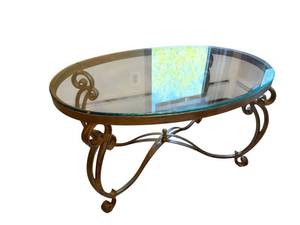 Oval Glass-Top Coffee Table with Iron Scrollwork Base - 44 x 30 x 24 12 Inches