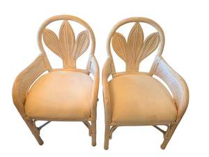 Pair of White Painted Rattan Dining Chairs with Cushions (Lot of 2)