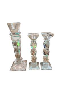 Crystal Diamond-Cut Candlesticks - 8-Inch Pair & 10-Inch Single (Lot of 3)