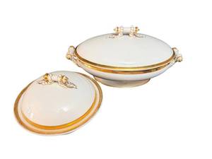 Porcelain Covered Bowls with Rope Handles - Metallic Trim (Lot of 2)
