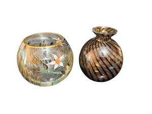 Hand-Painted Glass Vases (Lot of 2) - Floral & Striped Design