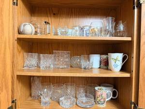 Assorted Crystal Glassware & Floral Mugs - Cut Glass Tumblers, Pitcher, and Butterfly Mugs
