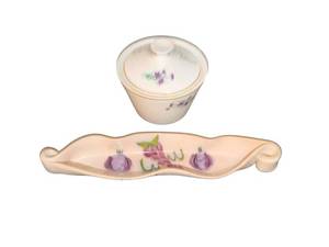Two-Piece Porcelain Floral Decor Set - Curved Dish & Lidded Jar with Hand-Painted Flowers