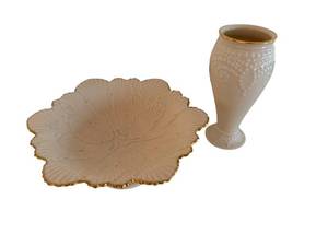 Lenox Porcelain Vase & Shell-Shaped Dish with Gold Trim (Marked Lenox)