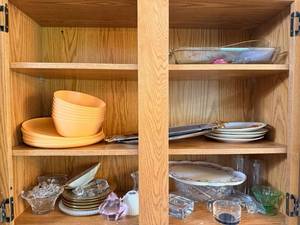 Assorted Dinnerware, Glassware & Crystal in Oak Cabinet