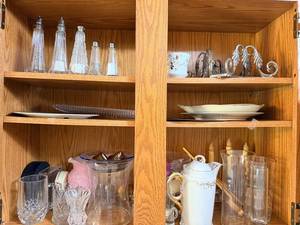 Crystal Glassware Assortment - Tumblers, Decanters, Porcelain Pitcher & Wrought Iron Candle Holder