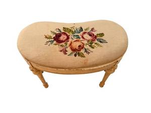 Vintage Floral Needlepoint Round Footstool with Carved Wood Legs
