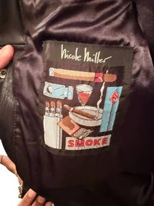 Nicole Miller Leather Bomber Jacket with Graphic Lining Patch