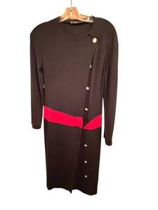 Louis Feraud Black Dress with Hot Pink Waist Belt - Gold Button Details - Size US 4