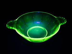 Green Uranium Vaseline Glass Bowl with Scalloped Handles-
