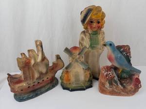 Vintage Chalkware Figurines - 4-Piece - Ship, Windmill, Girl & Bird