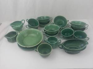 Mount Clemens Petal Green Dinnerware - Vintage Teacups, Saucers & Bowls - Circa 1930s