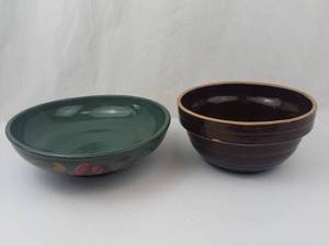 Green Floral Ceramic Bowl - Brown Floral Ceramic Bowl (Lot of 2)