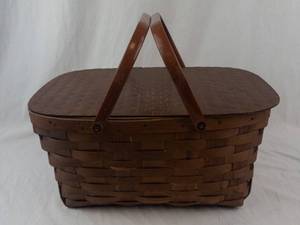 Antique Woven Picnic Basket with Wooden Lid and Metal Handles