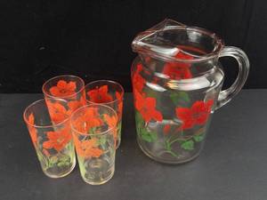 Bartlett-Collins Vintage Glass Pitcher & 4 Tumblers Red Floral - 1940s-1950s (Lot of 5)