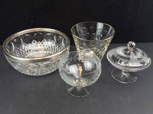 Lot of Crystal Glassware  - Ice Bucket, Bowl with Rim, Lidded Candy Dish & Sherbet Glass (Lot of 4)