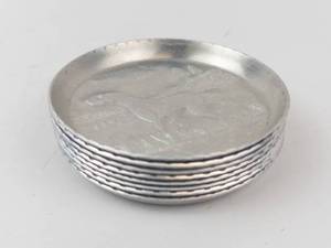 Vintage Hammered Aluminum Coasters - 8 Piece Set with Hunting Dog Artwork