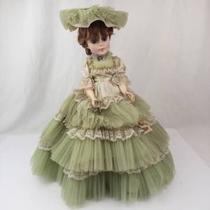 Vintage Porcelain Fashion Doll with Lace Dress, Tulle Skirt, and Wide Hat