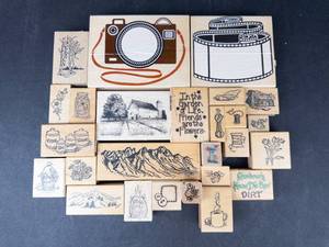 Wood Block Rubber Stamp Assortment - Camera, Film, Mountains & Garden Motifs