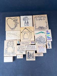 Assorted Rubber Stamps on Wood Blocks - Wedding, Floral & Sentiment Designs