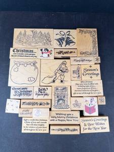 Assorted Christmas Rubber Stamps on Wood Blocks - Holiday Designs & Phrases