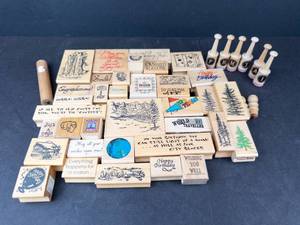Assorted Christmas Rubber Stamps on Wood Blocks - Holiday Designs & Phrases