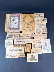 Assorted Christmas Greeting Rubber Stamps on Wood Blocks - Holiday Messages Set