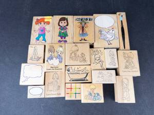 PMI Rubber Stamp Lot - Cartoon Kids, Bible Verses & Craft Motifs on Wood Blocks