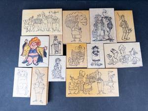 Assorted Cartoon Character Rubber Stamp Blocks on Wood - Mixed