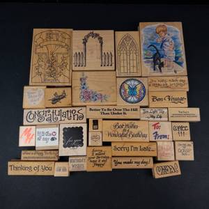 Vintage Wood Mounted Rubber Stamp Lot - Assorted Greeting Sentiments & Floral Window Motifs