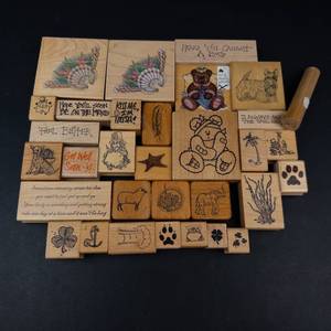 Vintage Assorted Rubber Stamps on Wood Blocks - Get Well Soon, Kiss Me Im Irish, You Caught a Bug