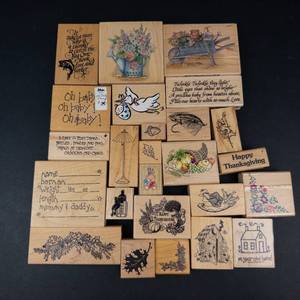 Vintage Assorted Rubber Stamp Blocks on Wood - Floral Bouquets, Nursery & Thanksgiving Designs