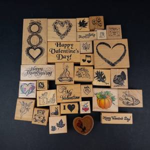Assorted Valentine Rubber Stamps on Wood Blocks - Hearts, Be Mine, I Love You