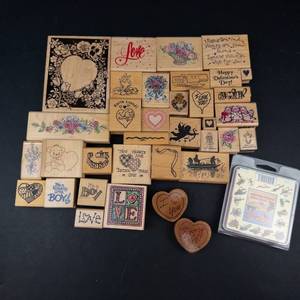 Vintage Wood Block Rubber Stamps - Valentine & Floral Designs (Assorted)