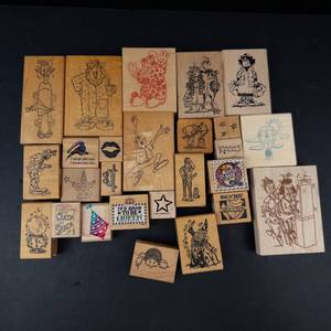 Wood Block Rubber Stamp Lot - Mixed Cartoon Characters & Sentiments